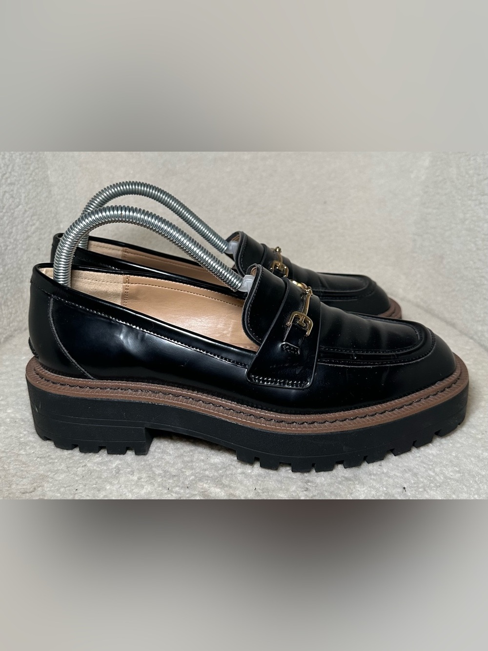 Sam Edelman Laurs Black Leather Gold Horsebit Lug Sole Chunky Loafers Fall 9